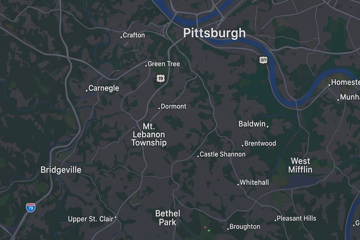Dark-mode map of the Pittsburgh area